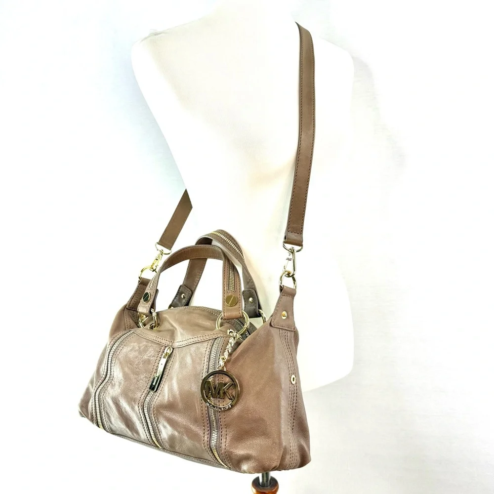 Michael Kors Moxley Taupe Leather Shoulder Crossbody Bag